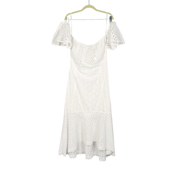Farm Rio Anthropologie White Cotton Eyelet Off Shoulder HighLow Midi Dress Large - Picture 1 of 15